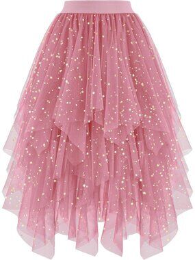 Women's Blush Sequin High Low Layered Asymmetrical Puffy Fairy Midi Tulle Skirt